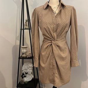 Pretty Little Thing Beige Stripe Knot Detail Button Down Shirt Dress